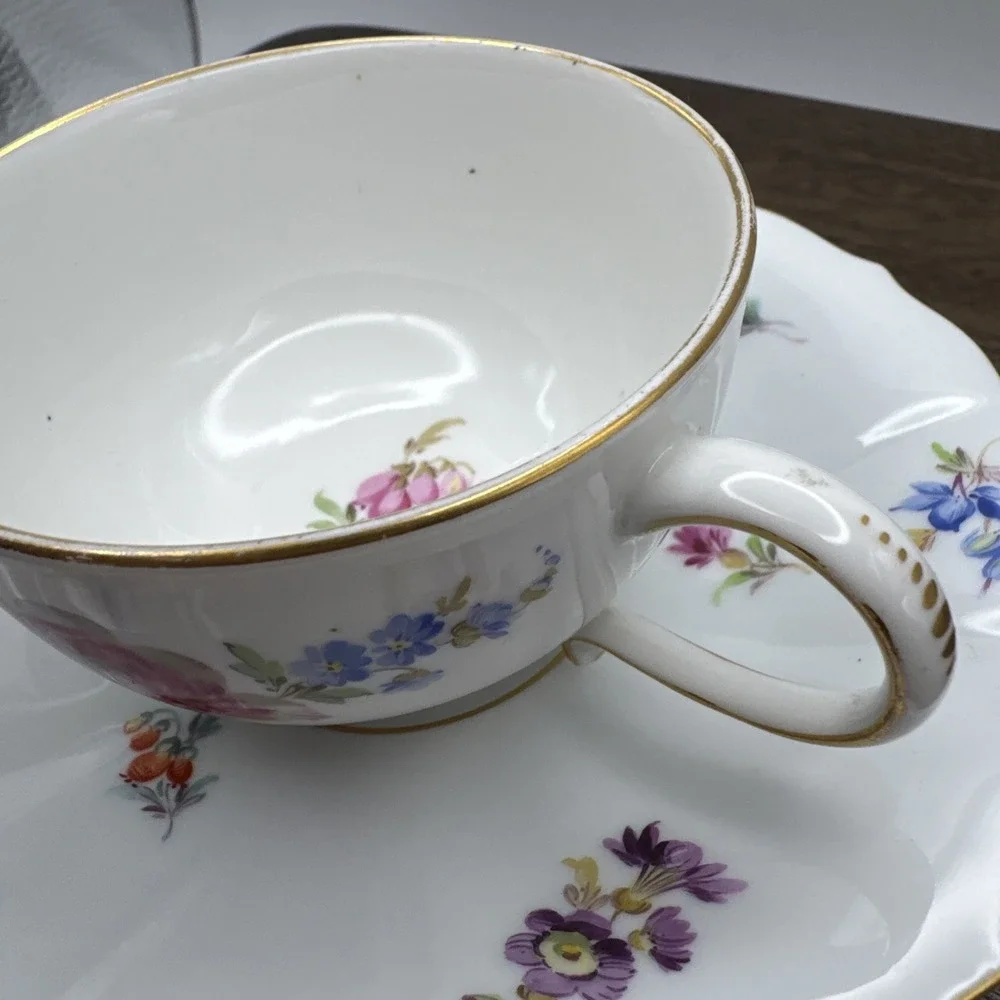Meissen Flat Cup & Saucer Set Chinoiserie X Mark Crossed Swords Floral AS IS Vtg